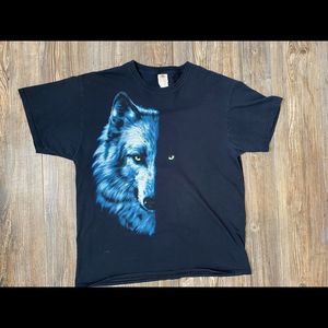 Wolf Face Black T-Shirt Green Eyes Half Shadow Animal Nature Size Large.